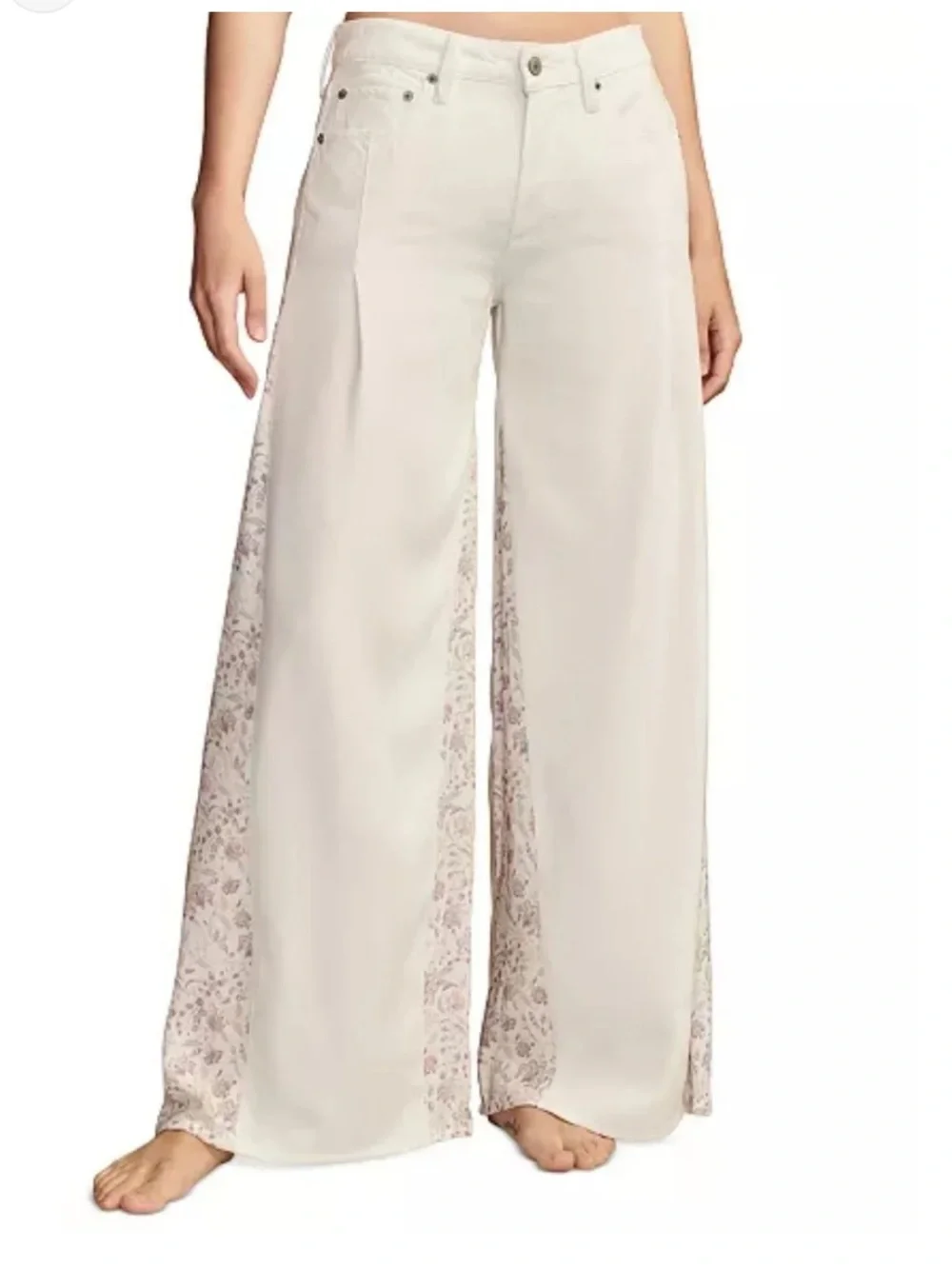 Women's Wide-Leg White Jeans with Floral Side Panels - Picture 4 of 10